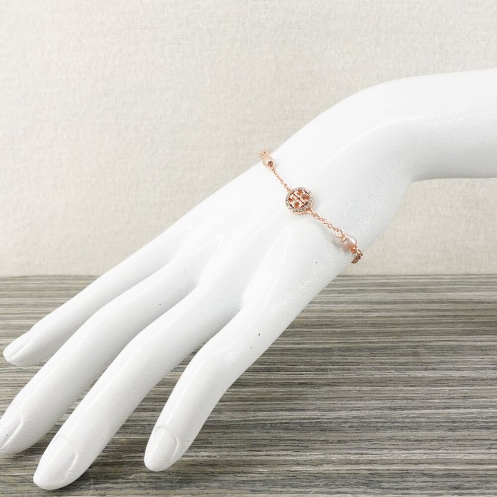 Tory Burch Miller Pave Logo Cultured Pearls Bracelet Rose Gold OS - Picture 7 of 12